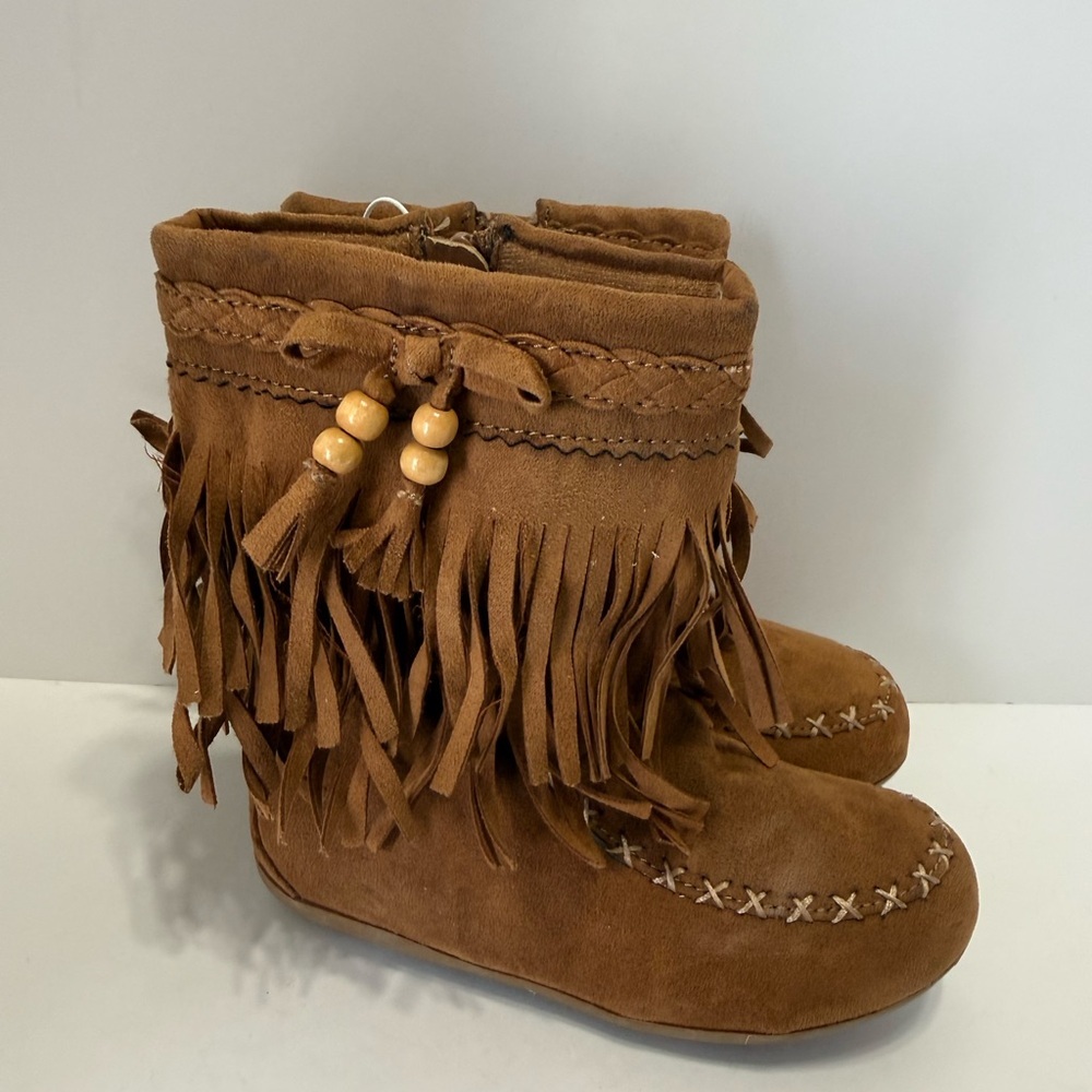 Rampage Girls Tan Double Fringe Suede Boots Bow and Bead Details. Side Zipper